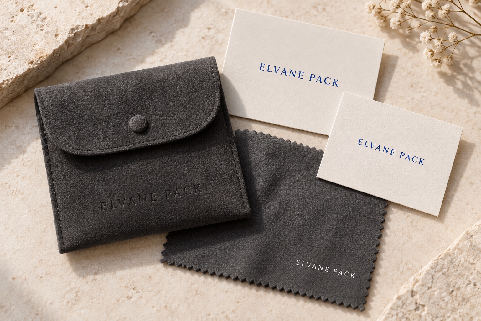 Coordinated Elvane Pack jewellery pouch, polishing cloth and branded cards