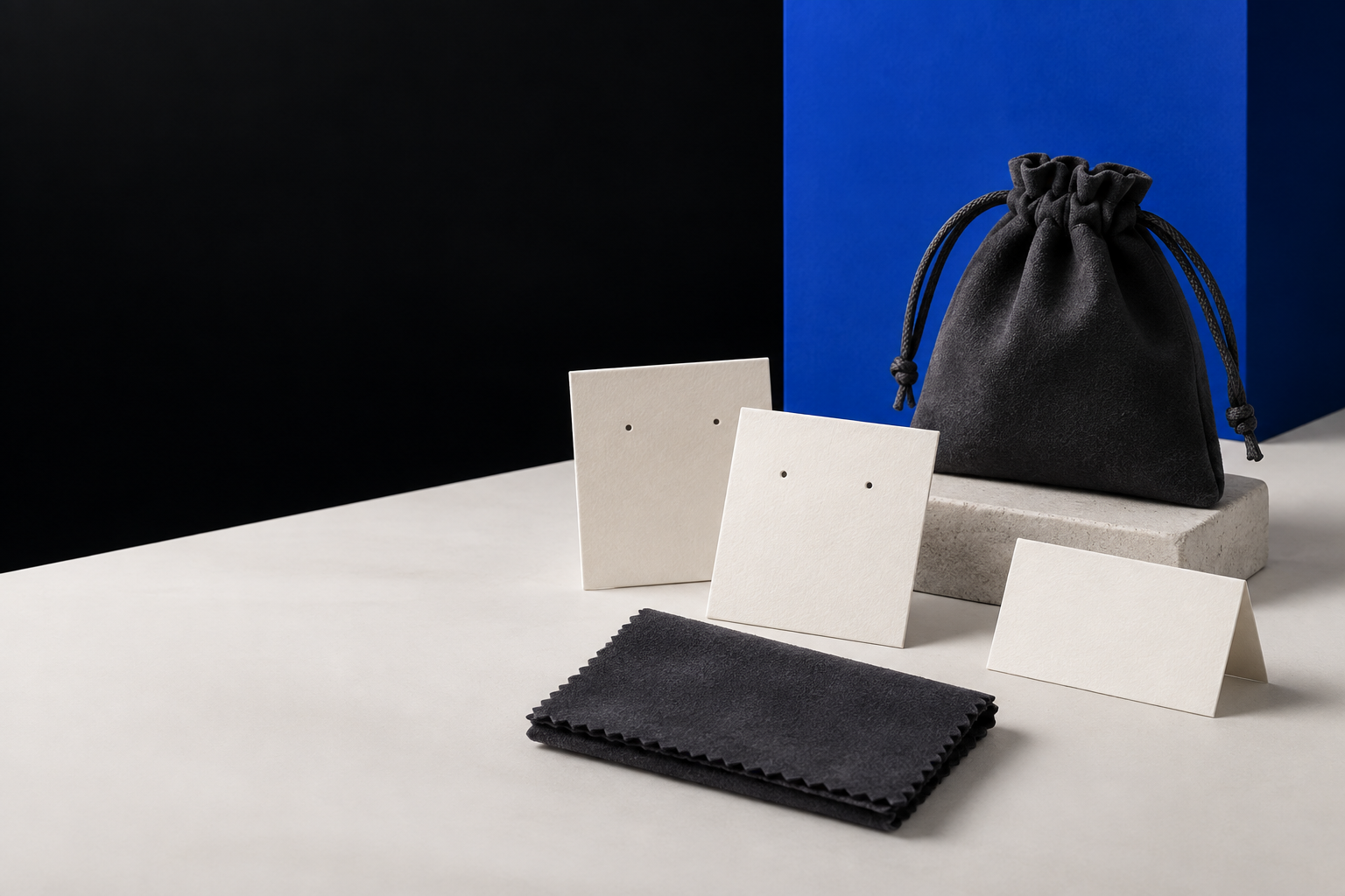 A coordinated jewellery packaging accessory set with a microfiber pouch, polishing cloth and printed cards